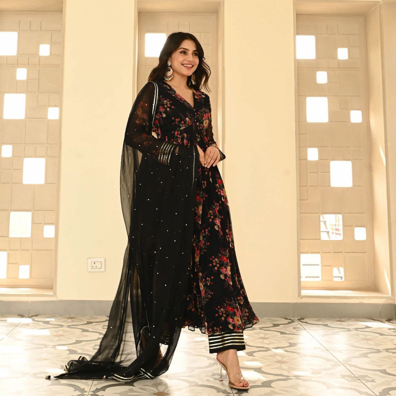 Beautiful Black Floral Printed Anarkali Suit.