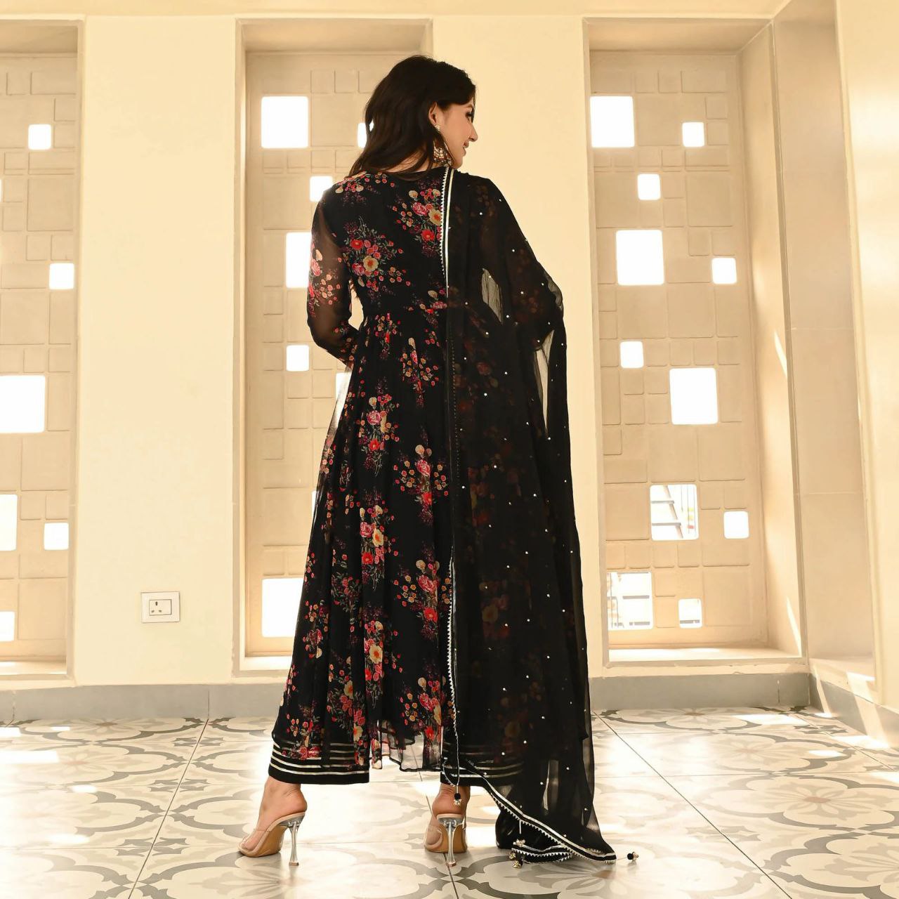 Beautiful Black Floral Printed Anarkali Suit.