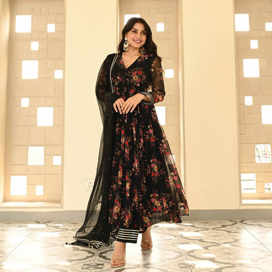 Beautiful Black Floral Printed Anarkali Suit.