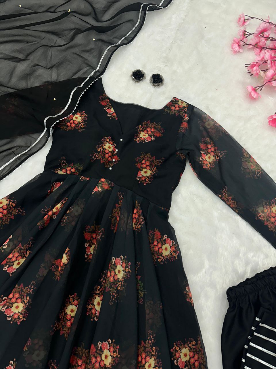 Beautiful Black Floral Printed Anarkali Suit.