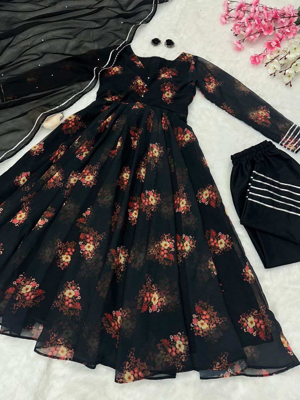 Beautiful Black Floral Printed Anarkali Suit.