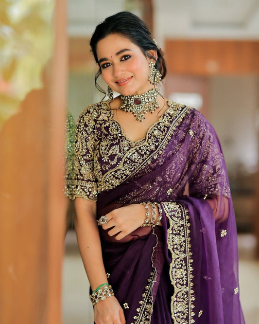 Beautiful Designer Purple Organza Silk Saree Collection.