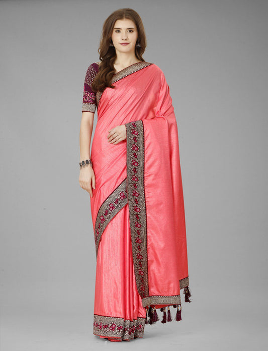 Pretty Pink Premium Vichitra Silk Saree.
