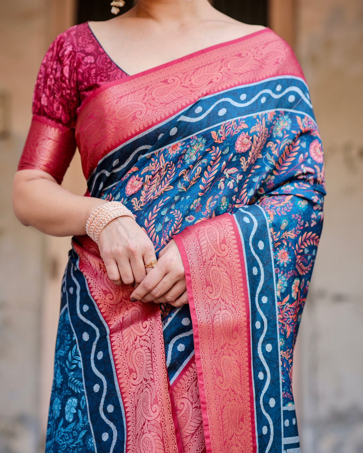 Occasions Wear Special Traditional Impressive Look Pure Silk Digital Printed Blue Saree.