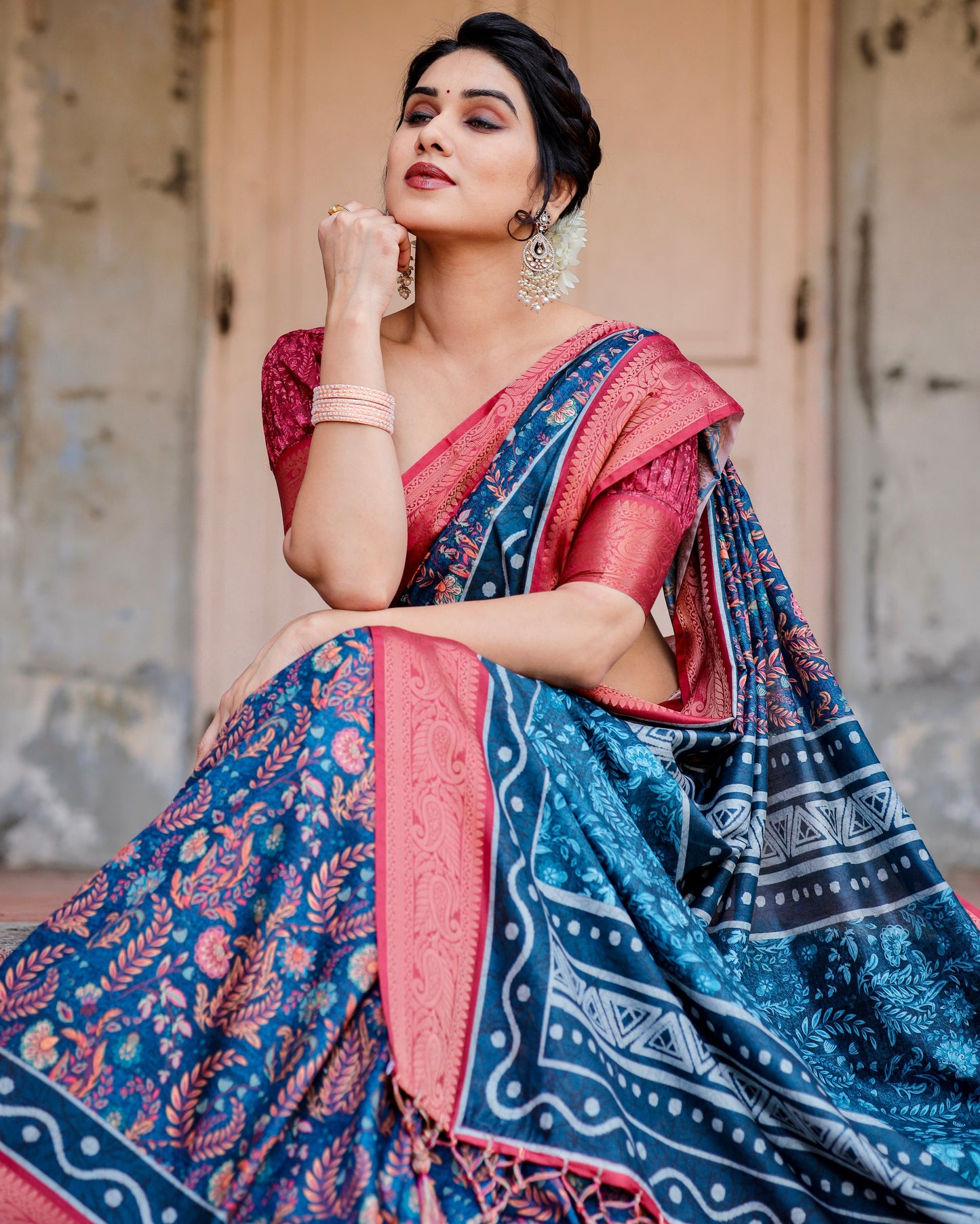 Occasions Wear Special Traditional Impressive Look Pure Silk Digital Printed Blue Saree.