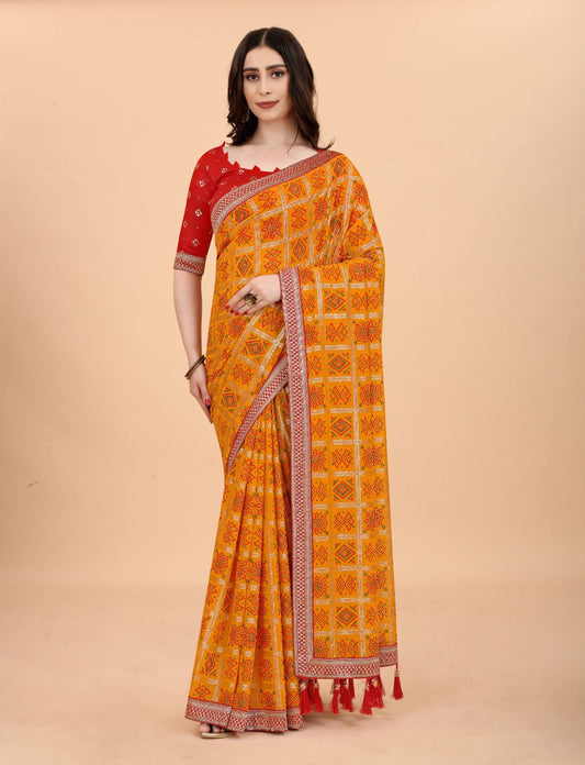 Beautiful Traditional Look Jaipuri Bandhni Mustard Yellow Saree Collection.