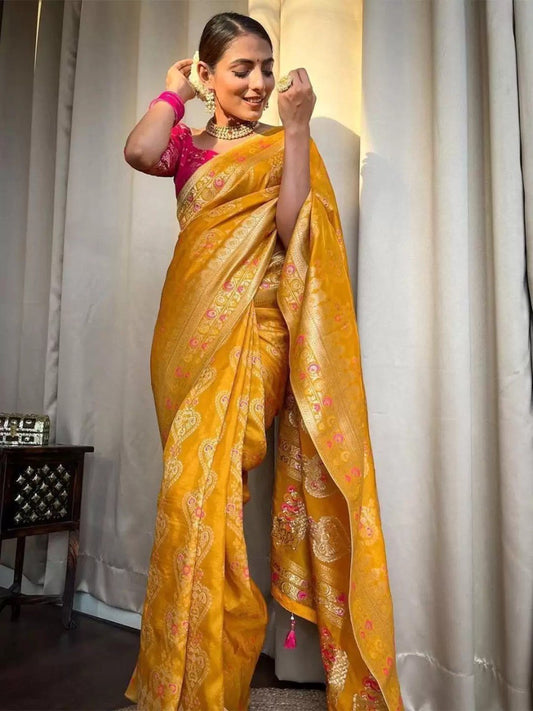 Haldi Special Soft Banarasi Silk Saree Collection.