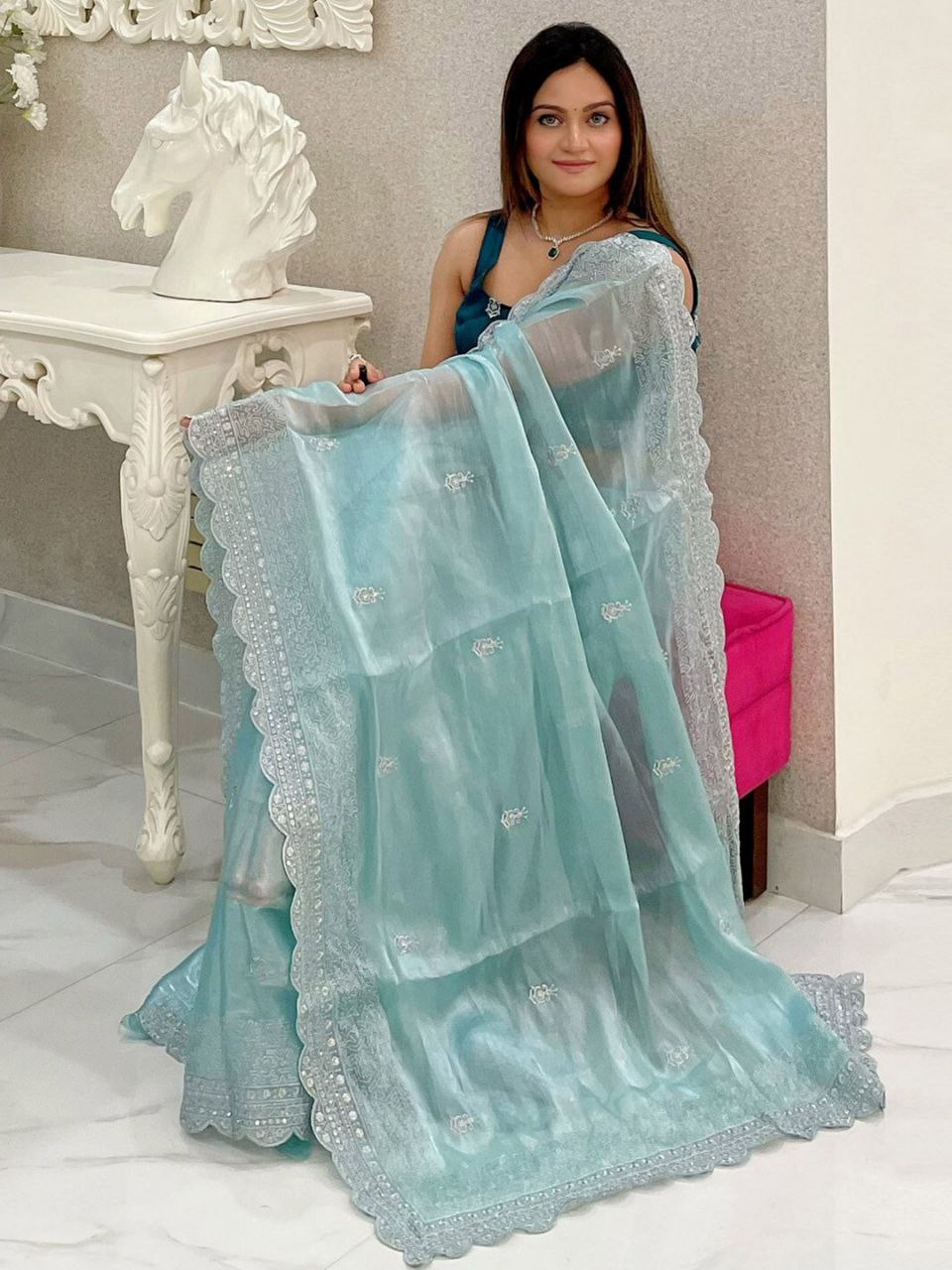 Beautiful Designer Sequence Embroidery Work Burberry Silk Saree.