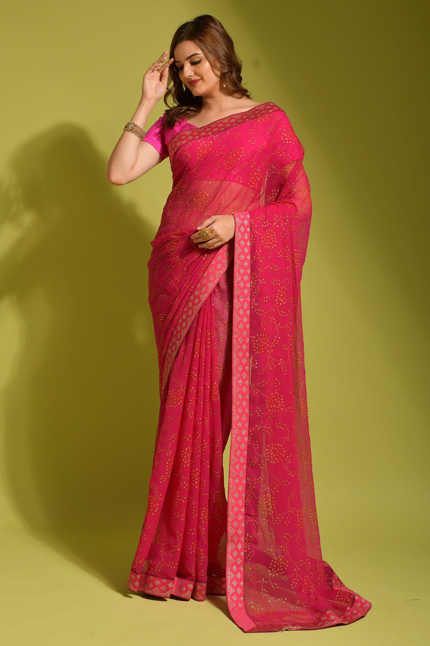 Preety Look Party Wear Printed Red Saree.