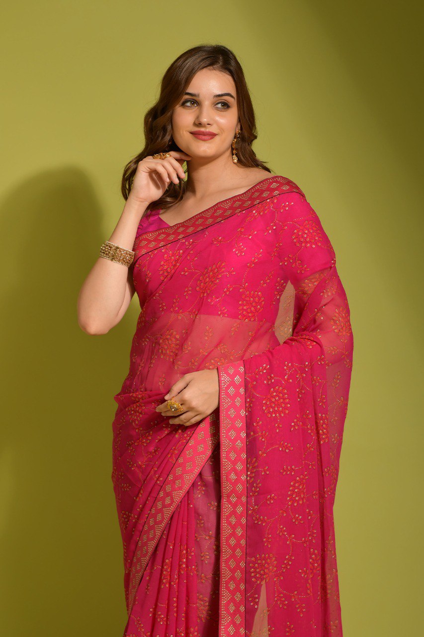 Preety Look Party Wear Printed Red Saree.