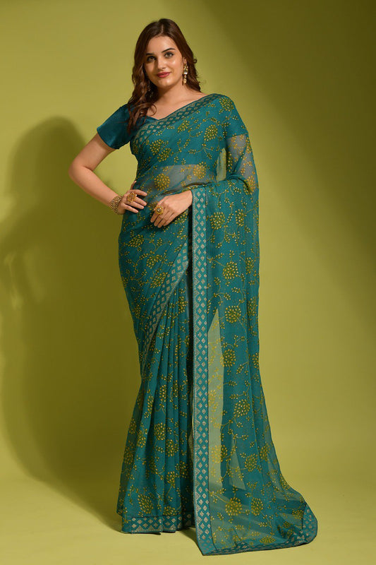 Beautifull Look Occasions Wear Special Printed Preety Rama Color Saree.