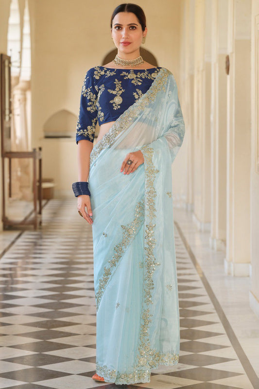 Party Wear Special Premium Soft Georgette Sky Color Saree.