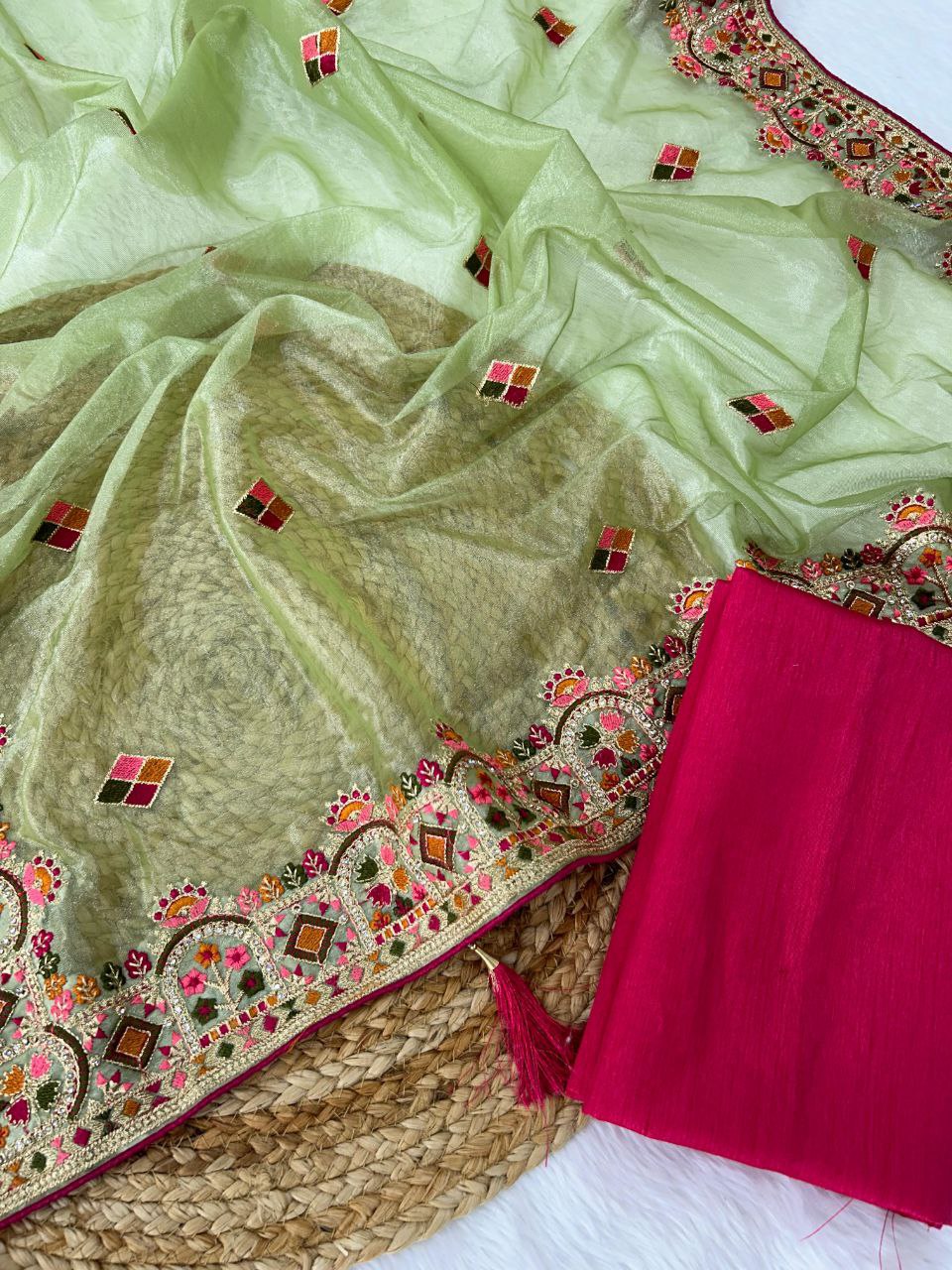 Pista Color Twill Net Designer Saree Collection.
