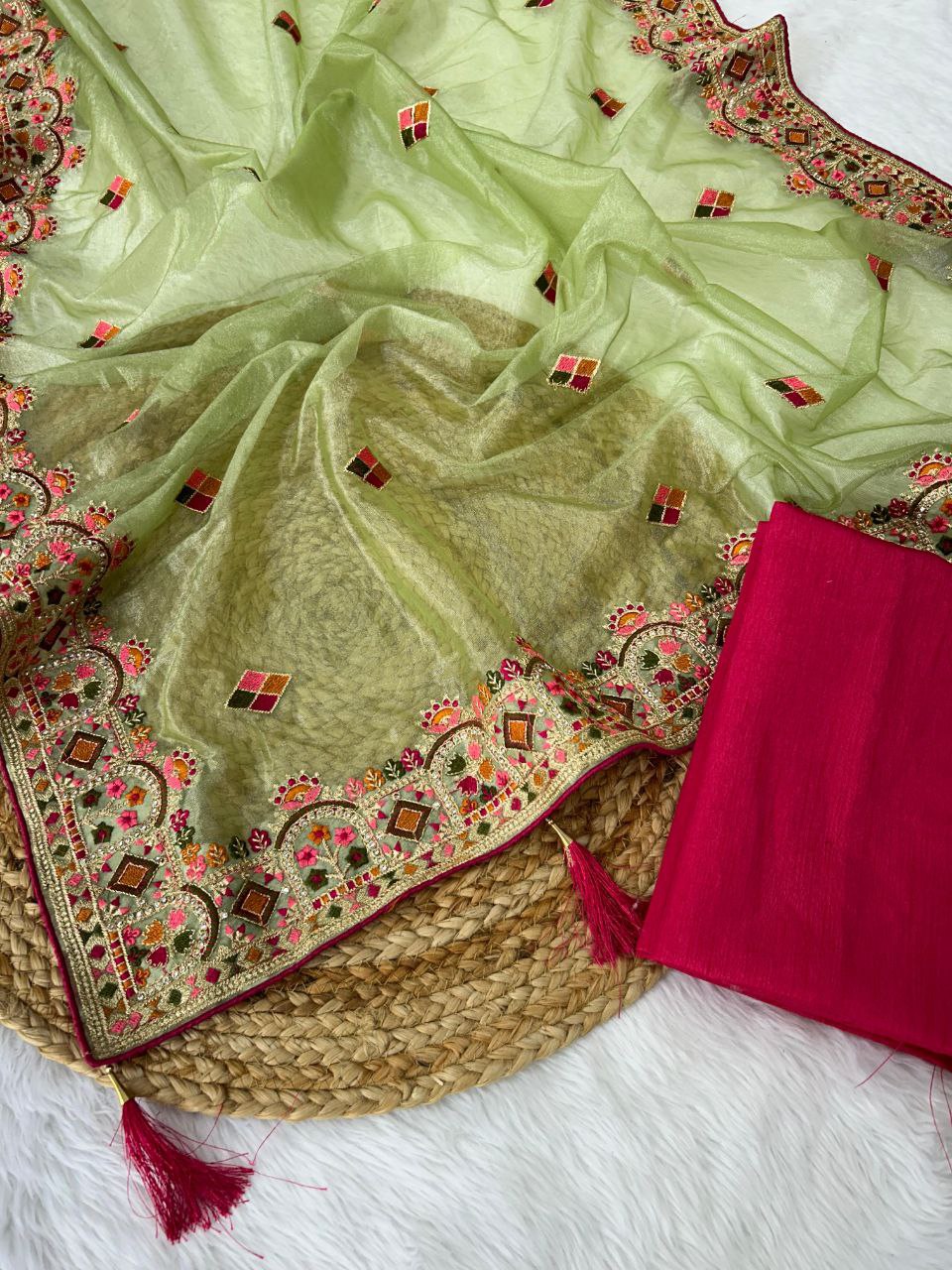 Pista Color Twill Net Designer Saree Collection.