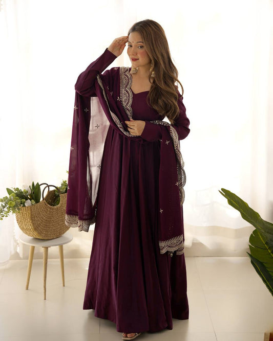 Beautiful Wine Colour Wedding Wear Special Gown Collection.