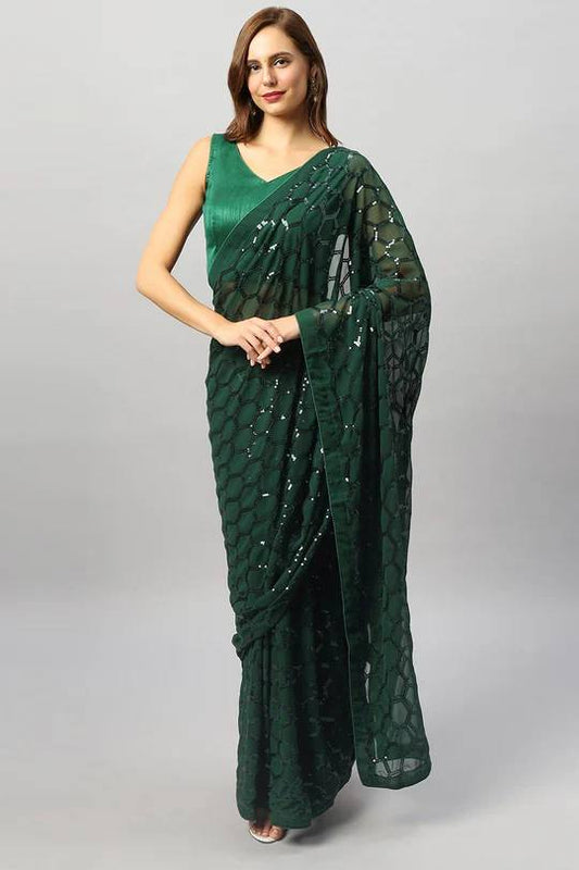 Green Colour Gorgeous Sequence Work Georgette Saree Collection.