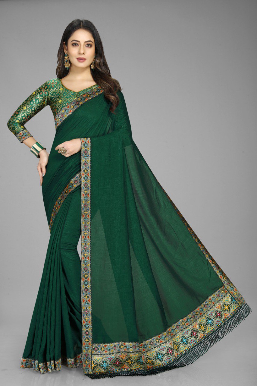 Green Colour Pretty Occasion Wear Special Vichitra Silk Saree Collection.