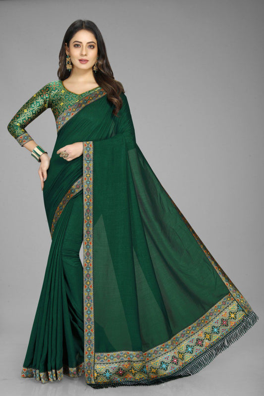 Green Colour Pretty Occasion Wear Special Vichitra Silk Saree Collection.