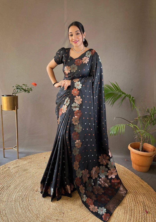 Party Wear Special Black Soft Banarasi Silk Saree Collection.