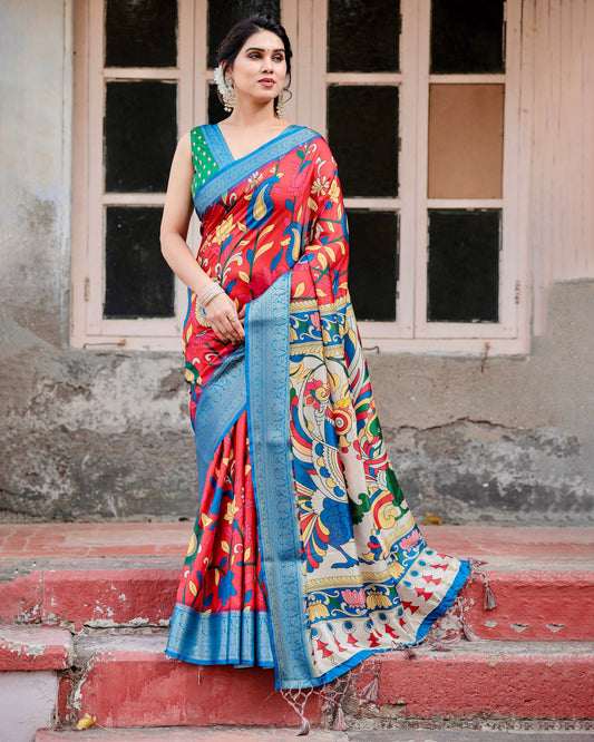 Elegant Look Pretty Red With Sky Blue Colored Pure Silk Saree.