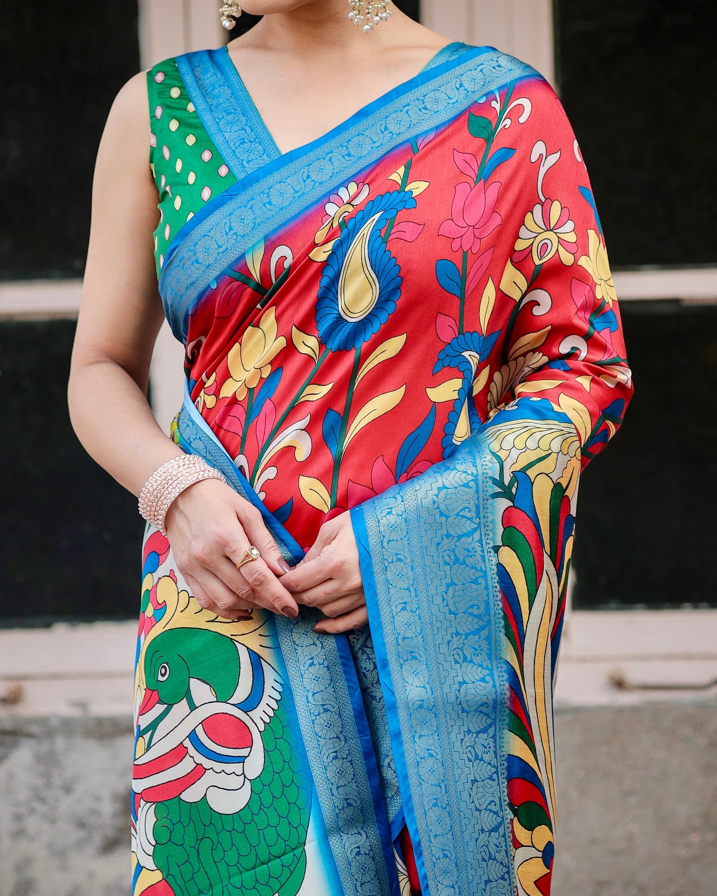 Elegant Look Pretty Red With Sky Blue Colored Pure Silk Saree.