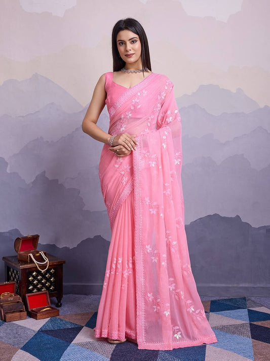 Peach Pink Embroidery Sequence Work Shimmer Chiffon Saree Collection.