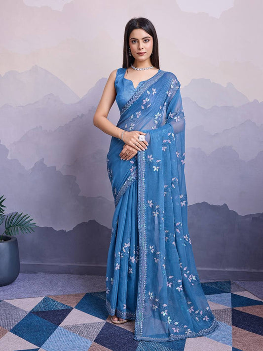 Party Wear Shimmer Chiffon Blue Saree Collection.