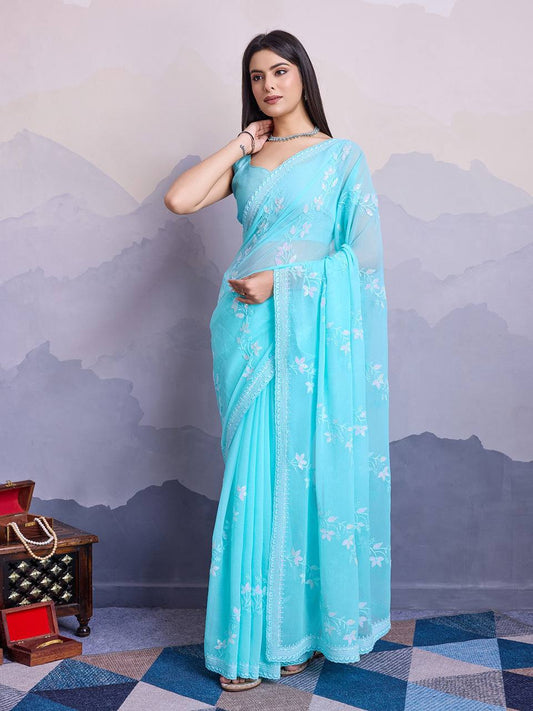 Bright Sky Blue Shimmer Chiffon Saree Collection.