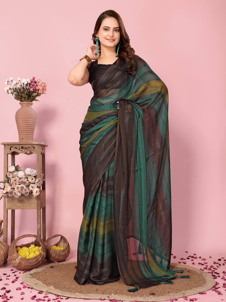 Latest Premium Rangoli Zari Silk One Minute  Ready To Wear Saree.