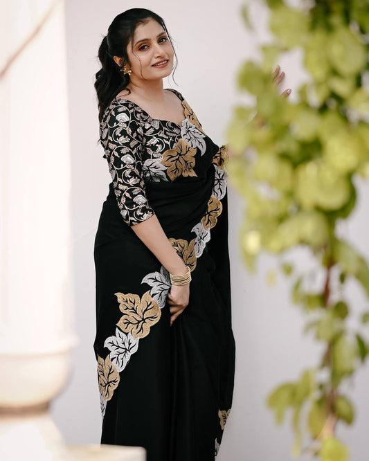 Perfact Designer Black Sartin Chiffon Silk Saree Collection.