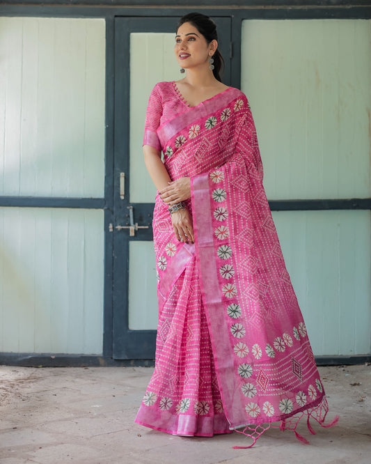Elegant Pink Bandhani Linen Saree.