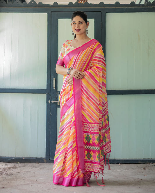 Vibrant Multicolor Striped Linen Saree.