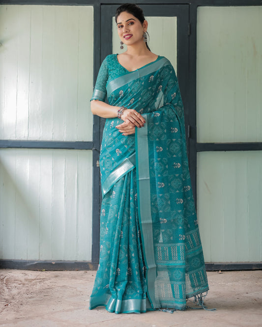 Graceful Teal Bandhani Linen Saree.