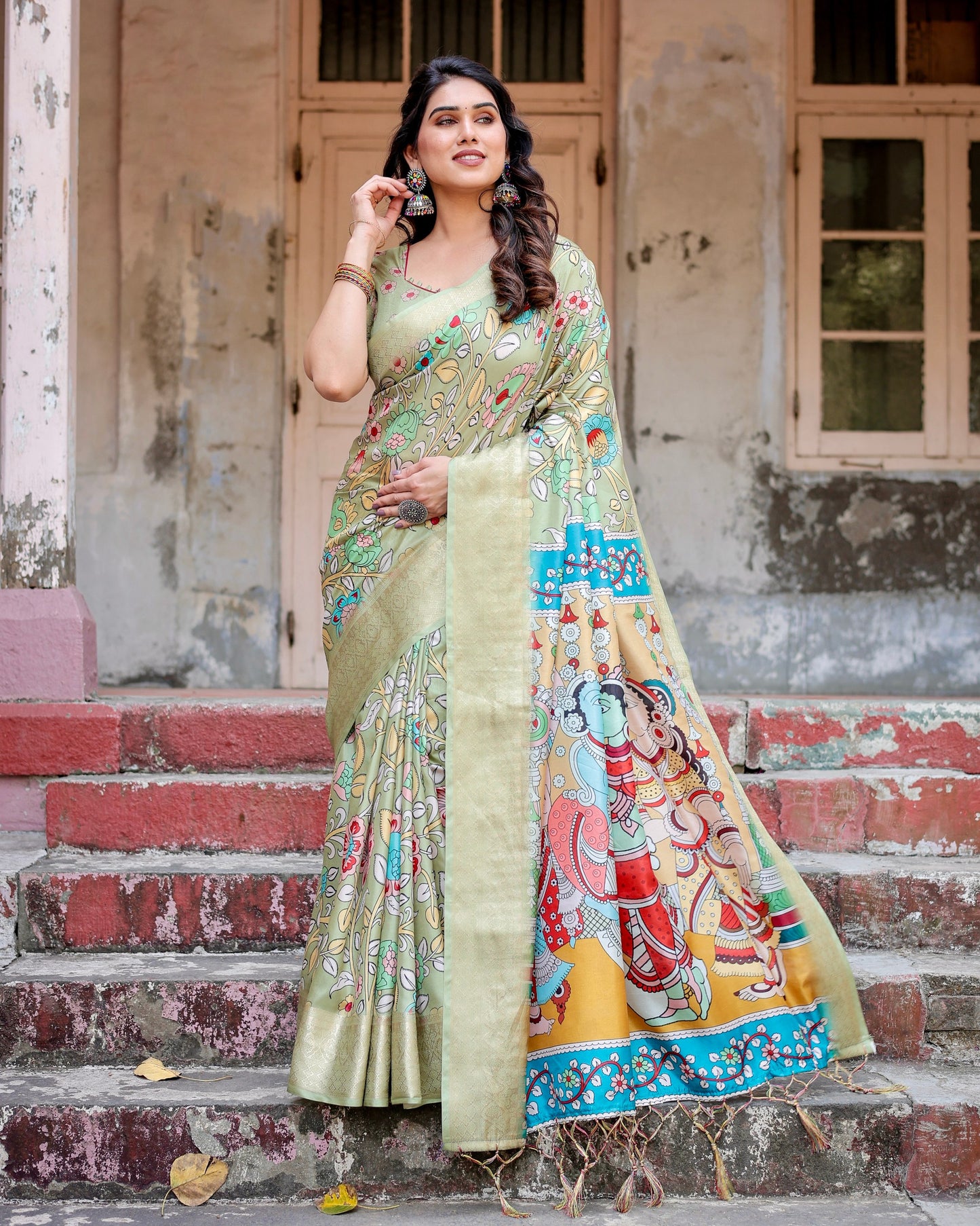 Excellent Designer Pure Silk Pista Color Saree.