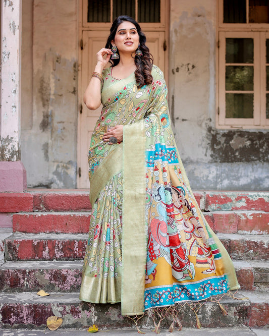 Excellent Designer Pure Silk Pista Color Saree.