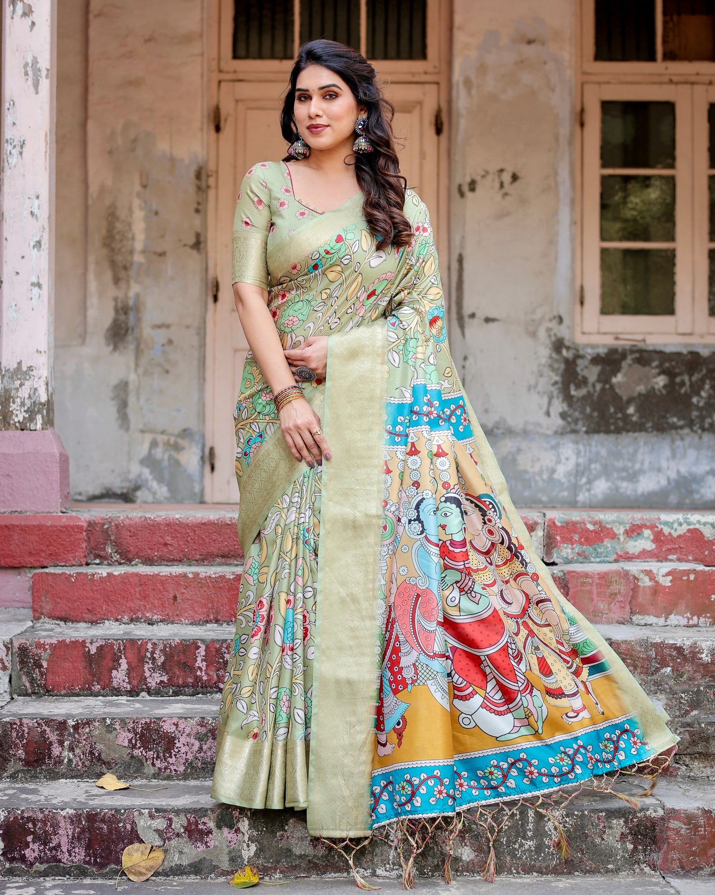 Excellent Designer Pure Silk Pista Color Saree.