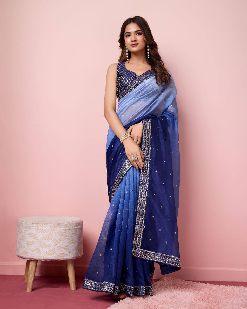 Amazing Blue Light Dark Shades Tibby Silk Organza Saree.