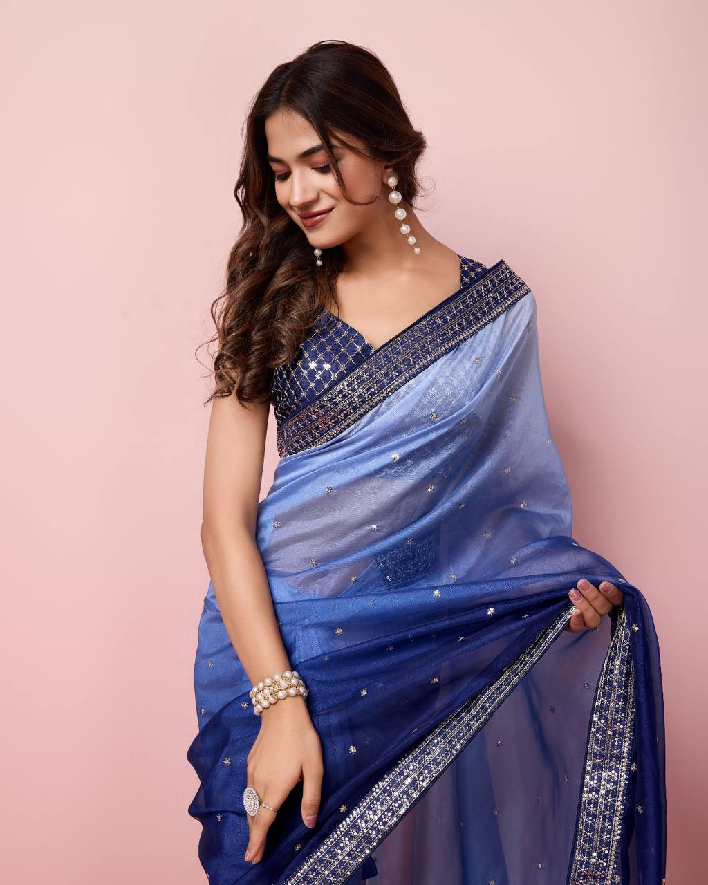 Amazing Blue Light Dark Shades Tibby Silk Organza Saree.