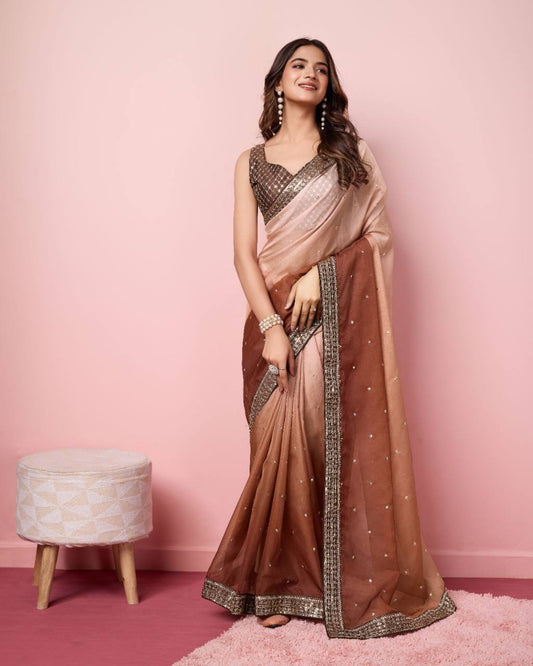 Gorgeous Looking Pretty Browni Light Dark Shades Organza Silk Saree.