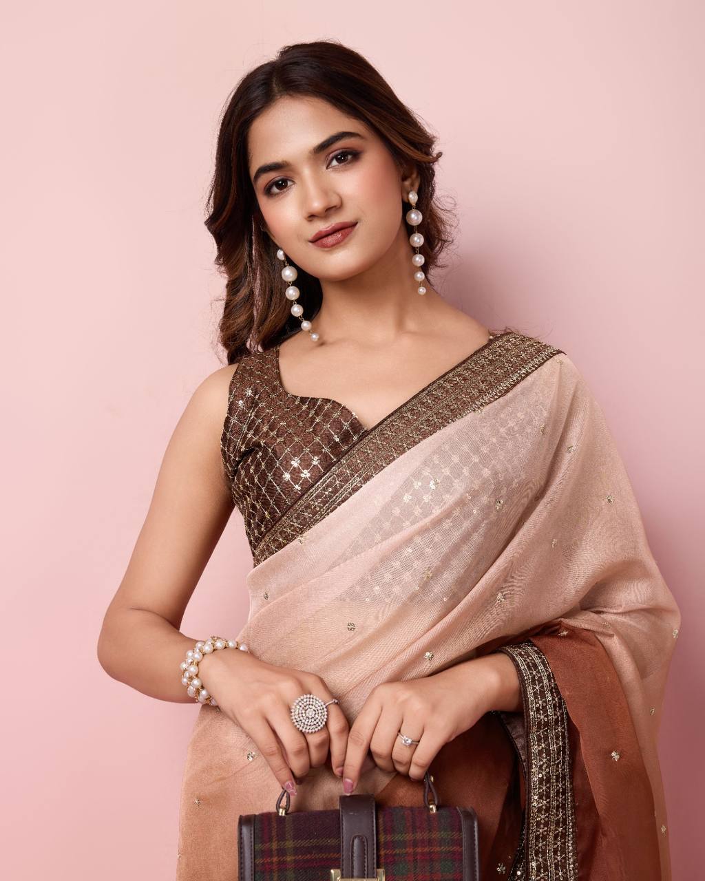 Gorgeous Looking Pretty Browni Light Dark Shades Organza Silk Saree.