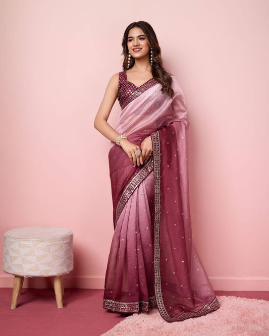 Rose Pink Light Dark Shades Beautiful Organza Silk Saree.