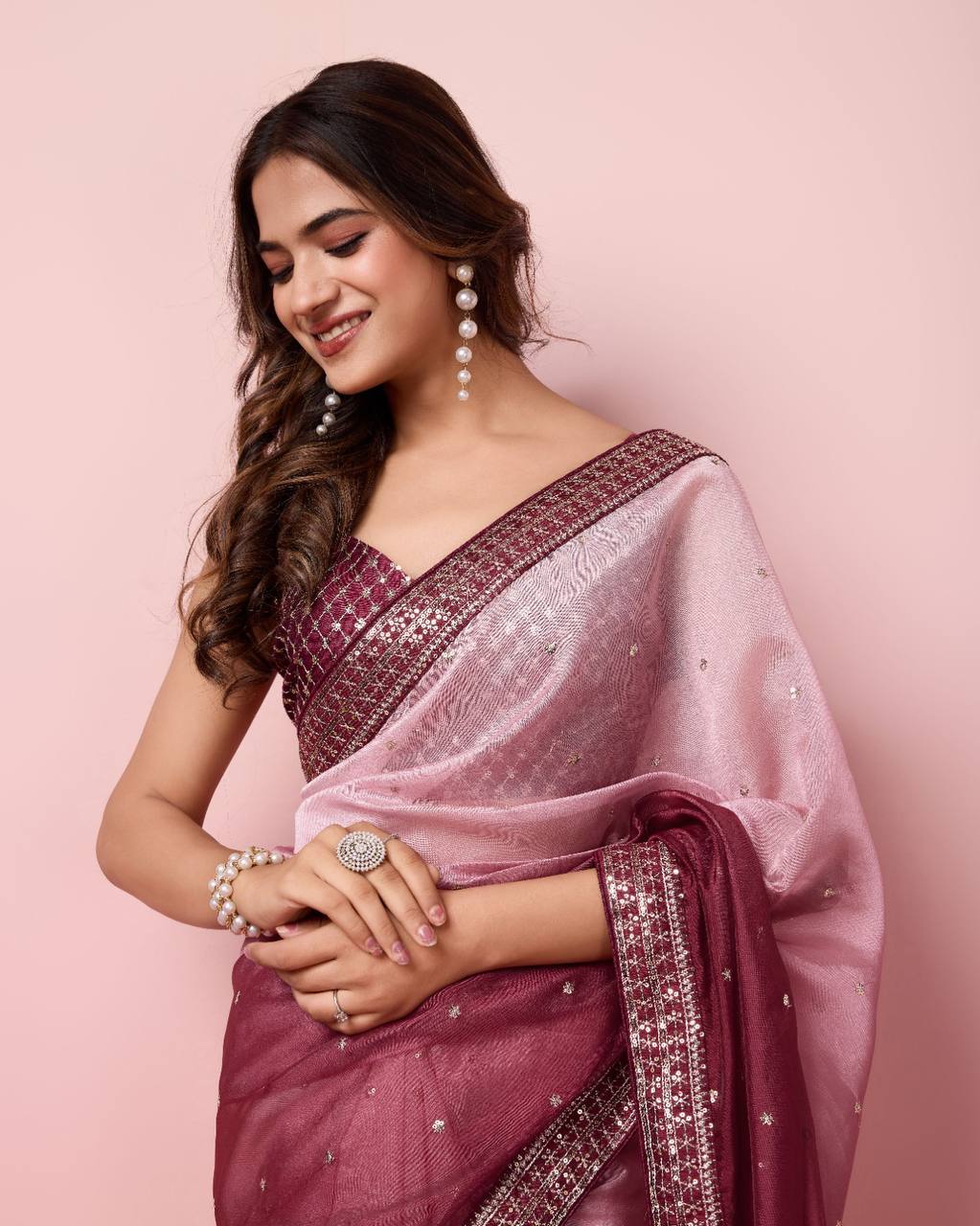Rose Pink Light Dark Shades Beautiful Organza Silk Saree.