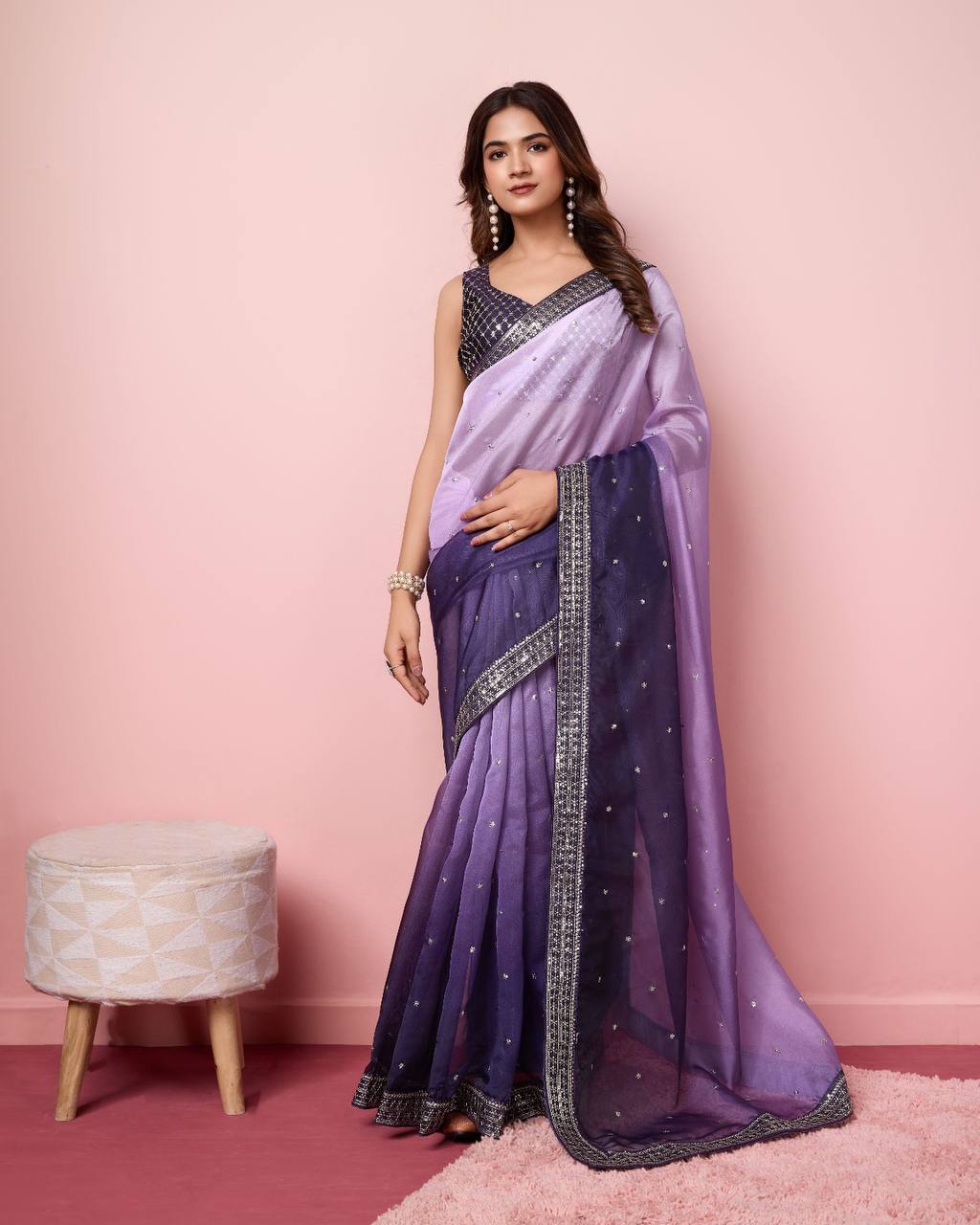 Party Wear Special Lavender Purples Shades Organza Silk Saree.