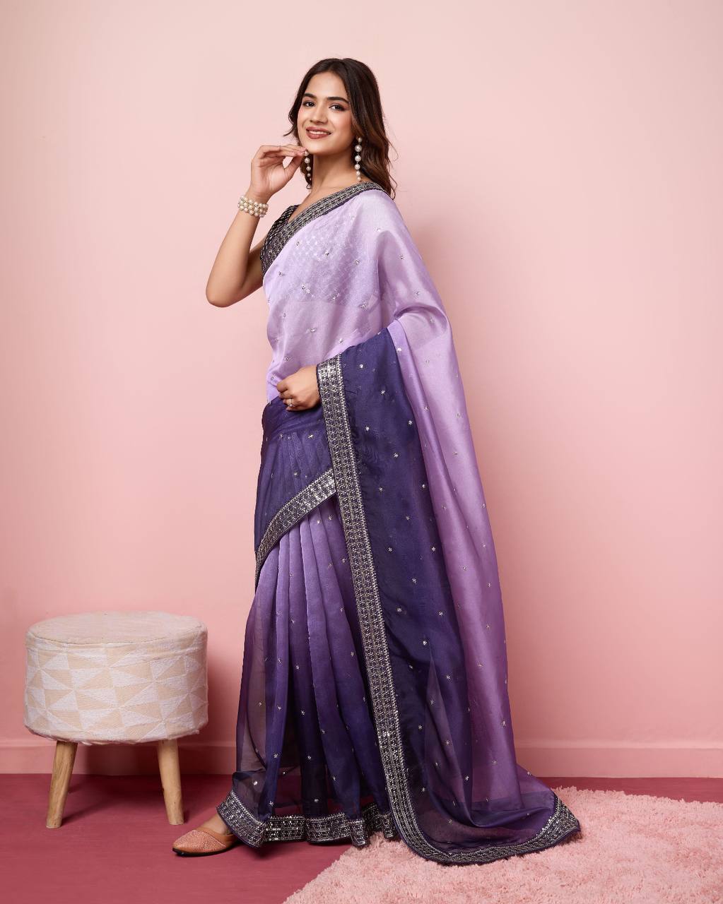 Party Wear Special Lavender Purples Shades Organza Silk Saree.
