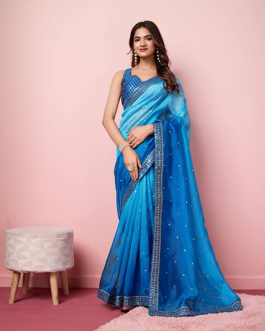 Light Dark Sky Blue Shades Pretty Sequence Butti Work Organza Silk Saree.