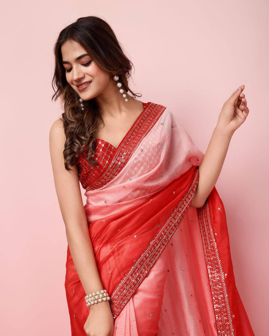 Occasion Wear Special Red Light Dark Shades Sequence Butti Work organza Silk Saree.