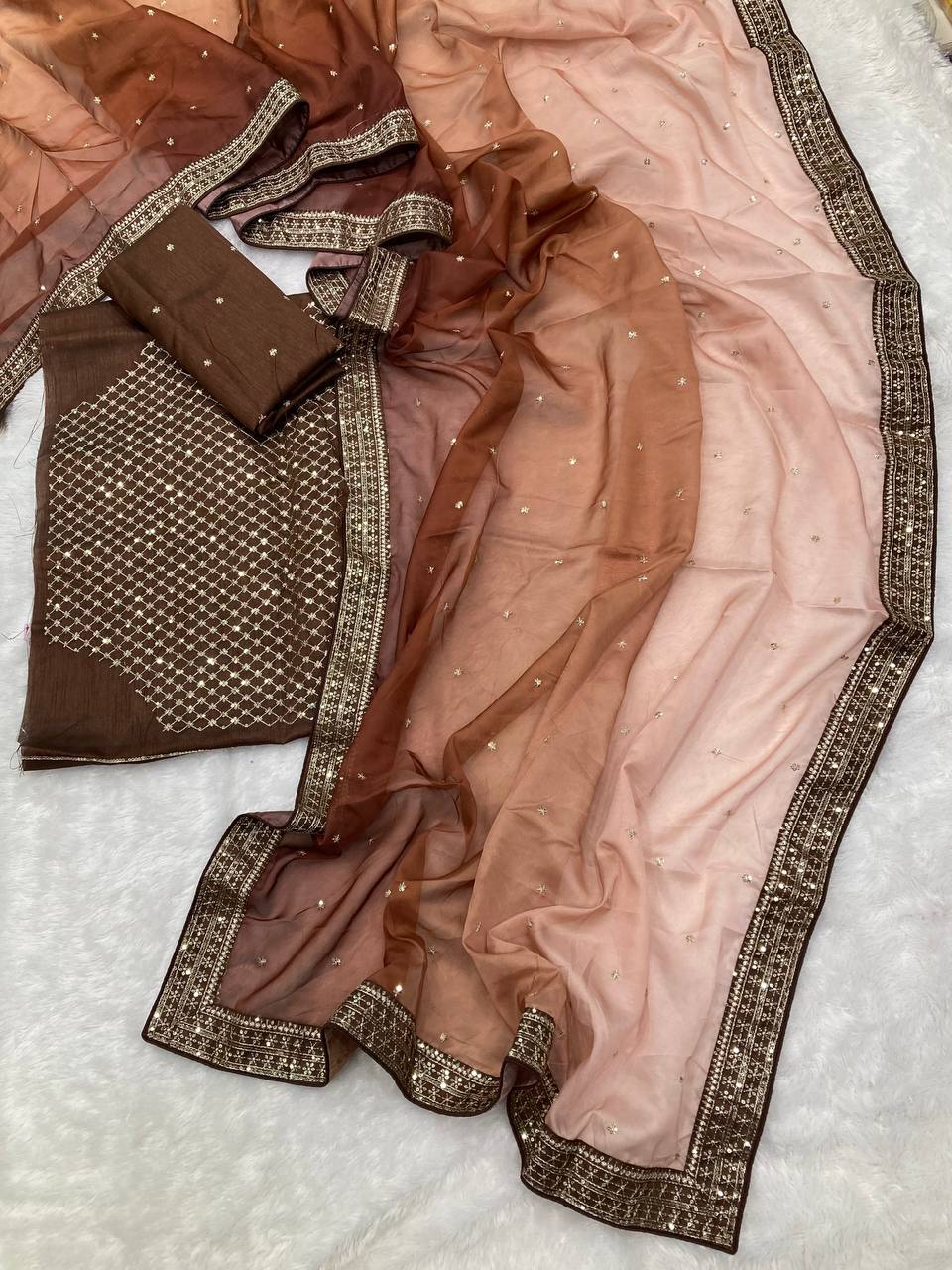 Gorgeous Looking Pretty Browni Light Dark Shades Organza Silk Saree.