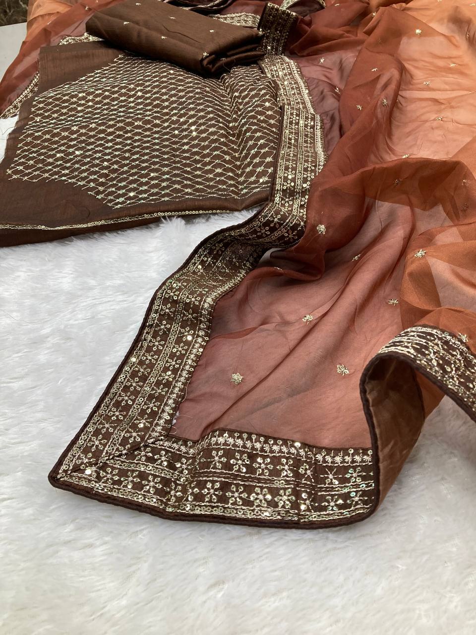 Gorgeous Looking Pretty Browni Light Dark Shades Organza Silk Saree.