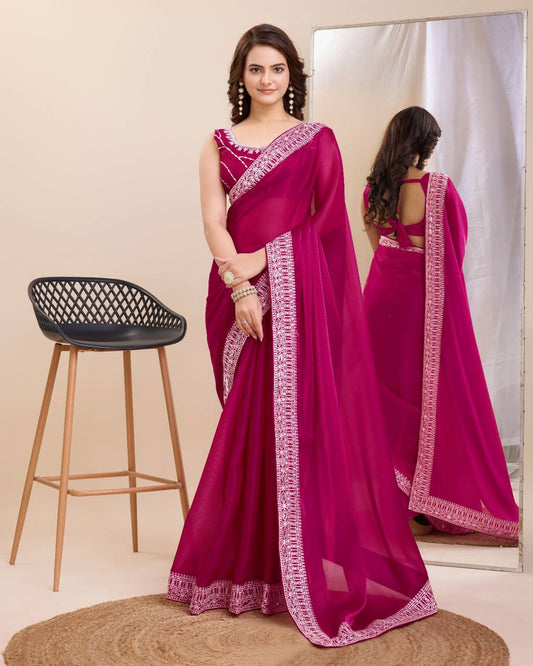 Elegant Premium Soft Zimmy Chu Riceptions Wear Special Rani Color Saree.
