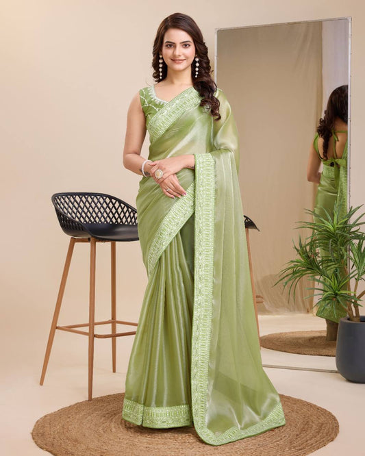 Heavy Premium Soft Zimmy Chu Riceptions Wear Special Pista Color Saree.